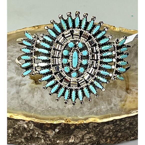 ZUNI Sterling Silver Kingman Turquoise Cluster Bracelet Signed N & R Nez - NEW - Picture 2 of 16